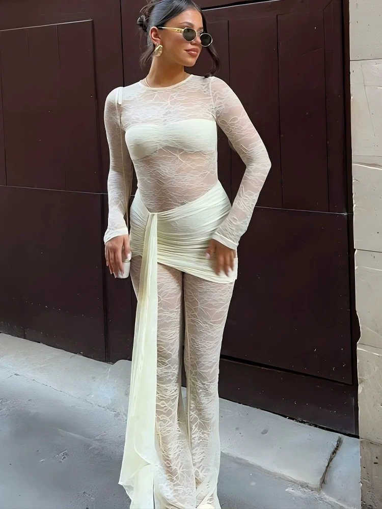 JULISSA MO Tuta da donna sexy con collo alto in pizzo trasparente Tuta nera a maniche lunghe con nastro Autunno Slim Elegante Party Clubwear