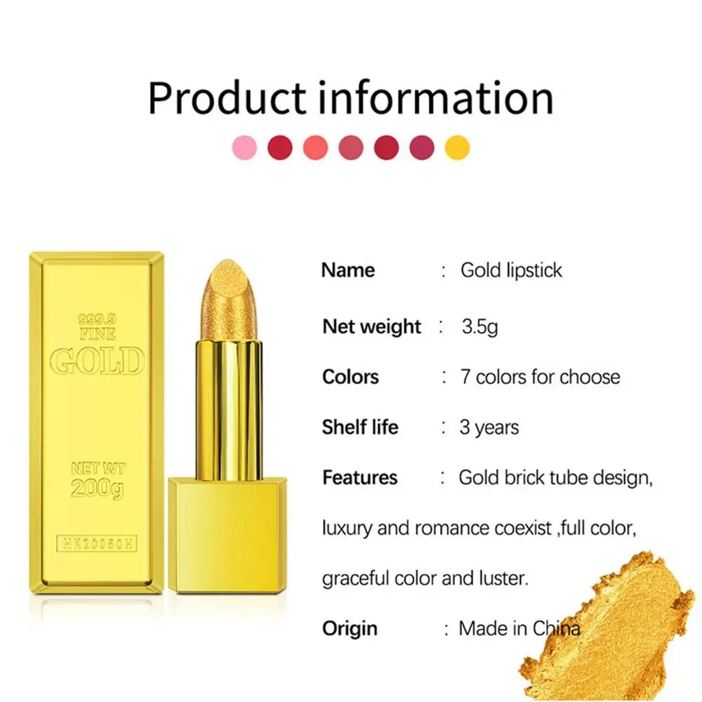 Sexy Long Lasting Glitter Gold Lipstick Waterproof Nude Pigments Velvet Lip Stick Gold Tube Non-Sticky Cup Lip Tint Gift