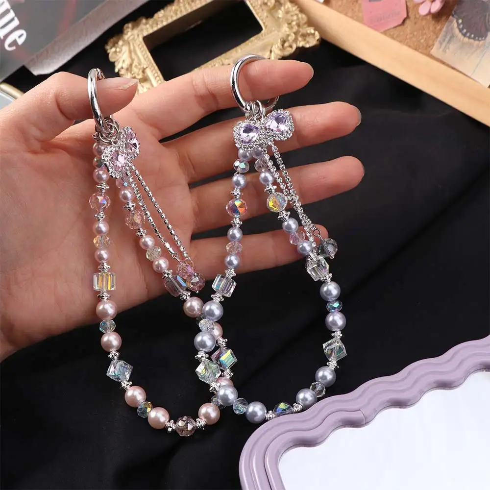 Pearl Rhinestone Phone Lanyard Bow Pendant Cellphone Chain Rhinestone Phone Straps Anti-lost with Patch Rhinestone Phone Rope