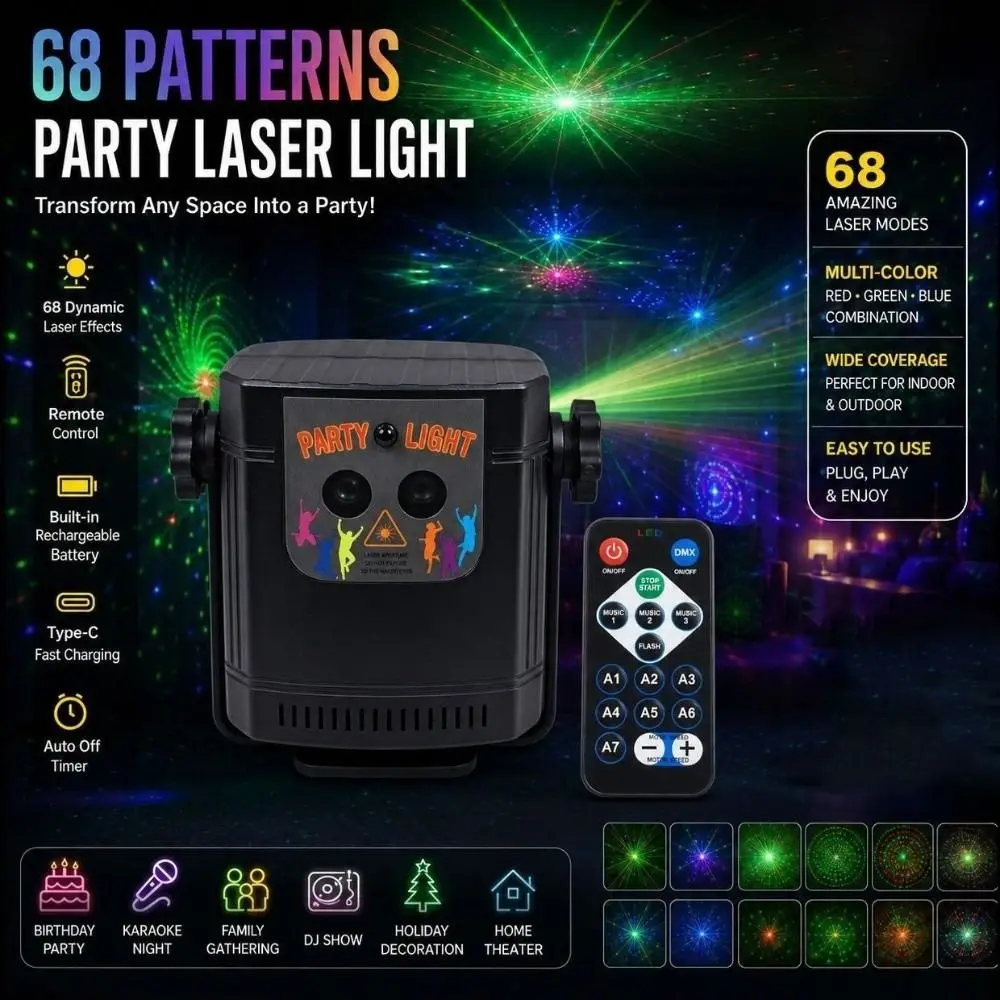 Sound Control Stage Effect Light Angle Adjustable Remote Control LED Strobe Light Creative 68 Pattern Mini Beam Light