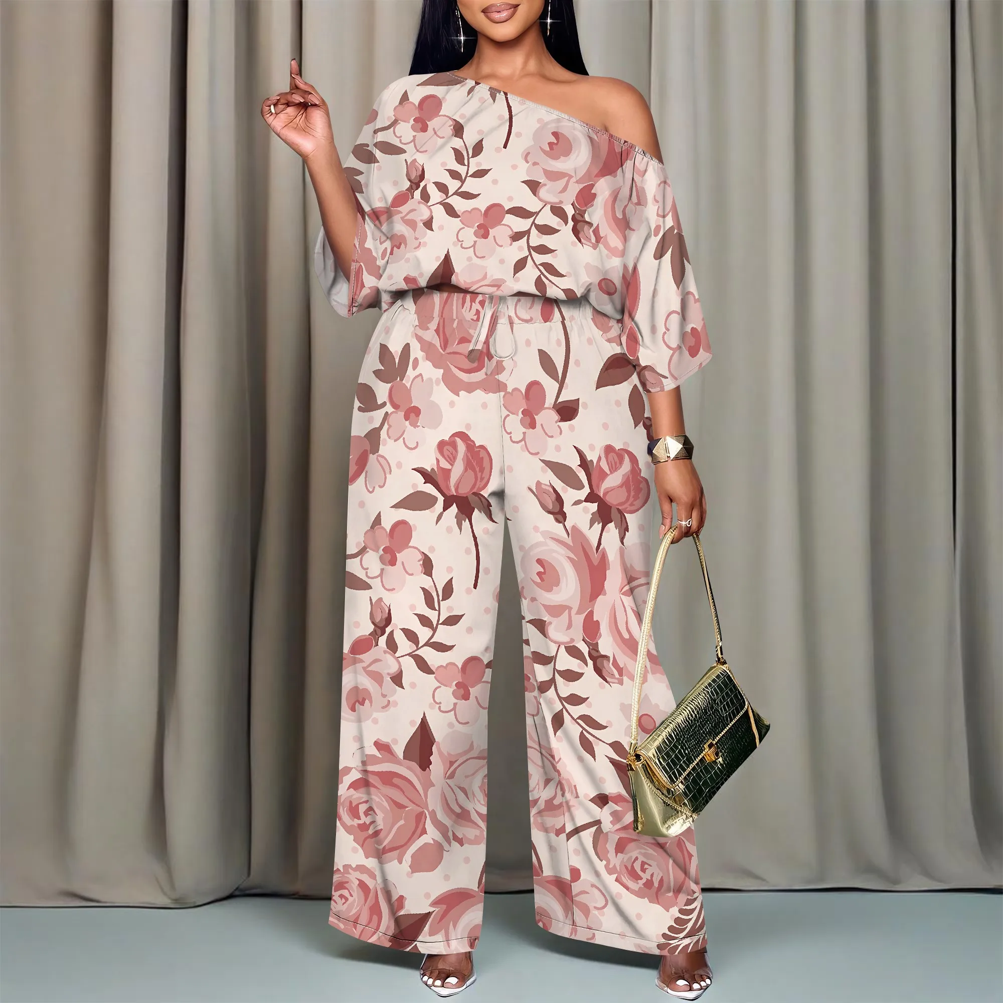 

Nupusa Rose Print Two - Piece Set for Women Standard Size Summer Casual Off - Shoulder Half Sleeve Wide Leg Set