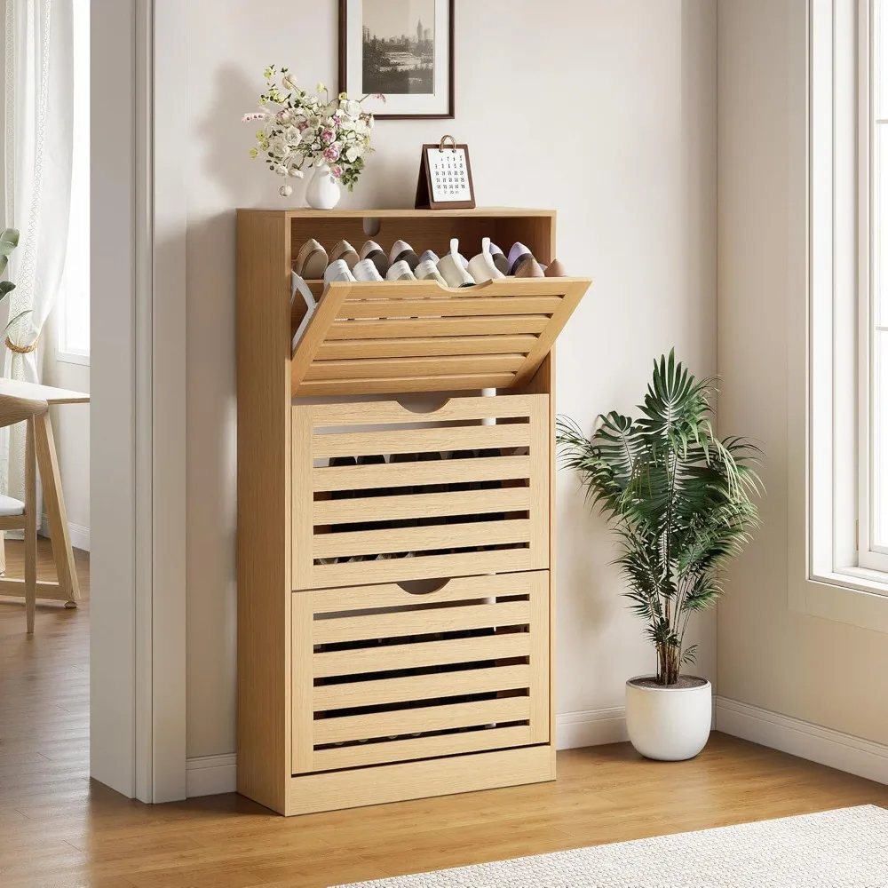 

Shoe Storage Cabinet with 3 Flip Drawers for Entryway, Fluted Farmhouse Shoe Storage, Wooden Shoe Rack with Adjustab
