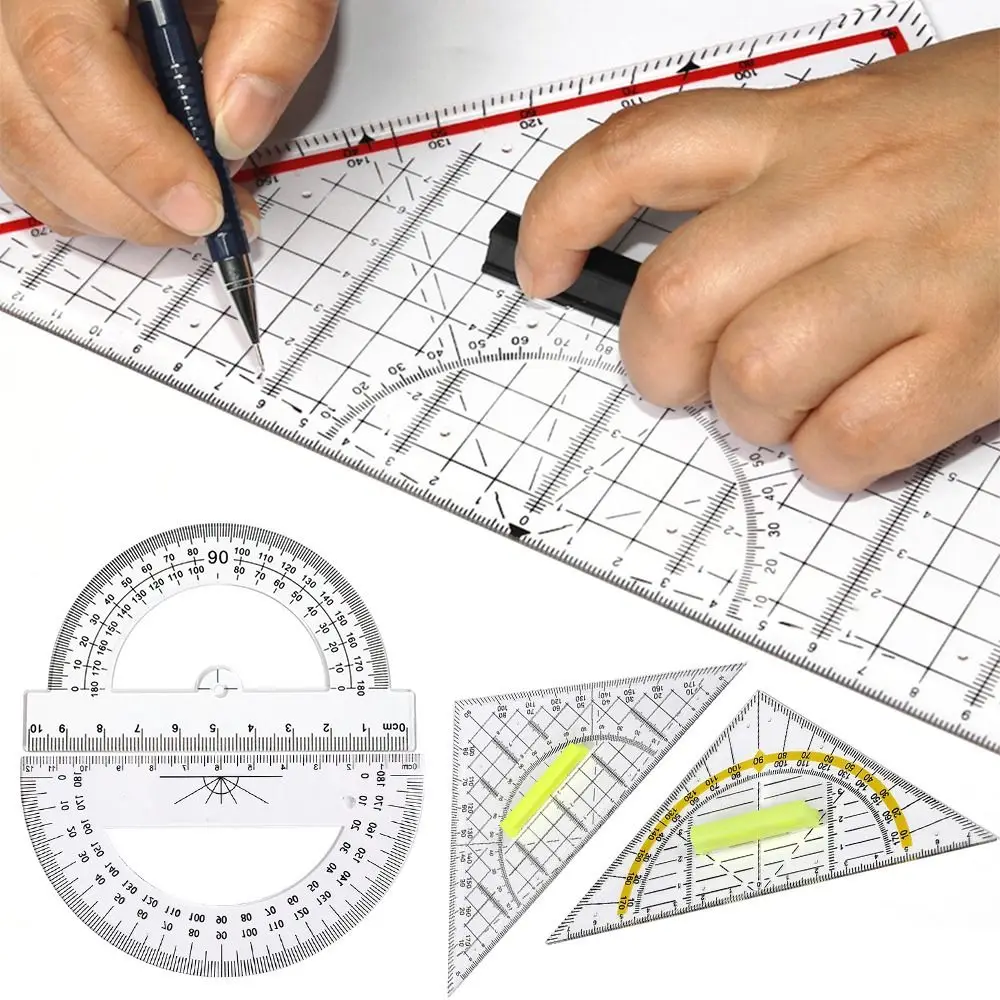 Durable Plastic Set Square Drafting Tools With Handle Angle Protractor Geometry Transparent Scale Ruler Students Gift