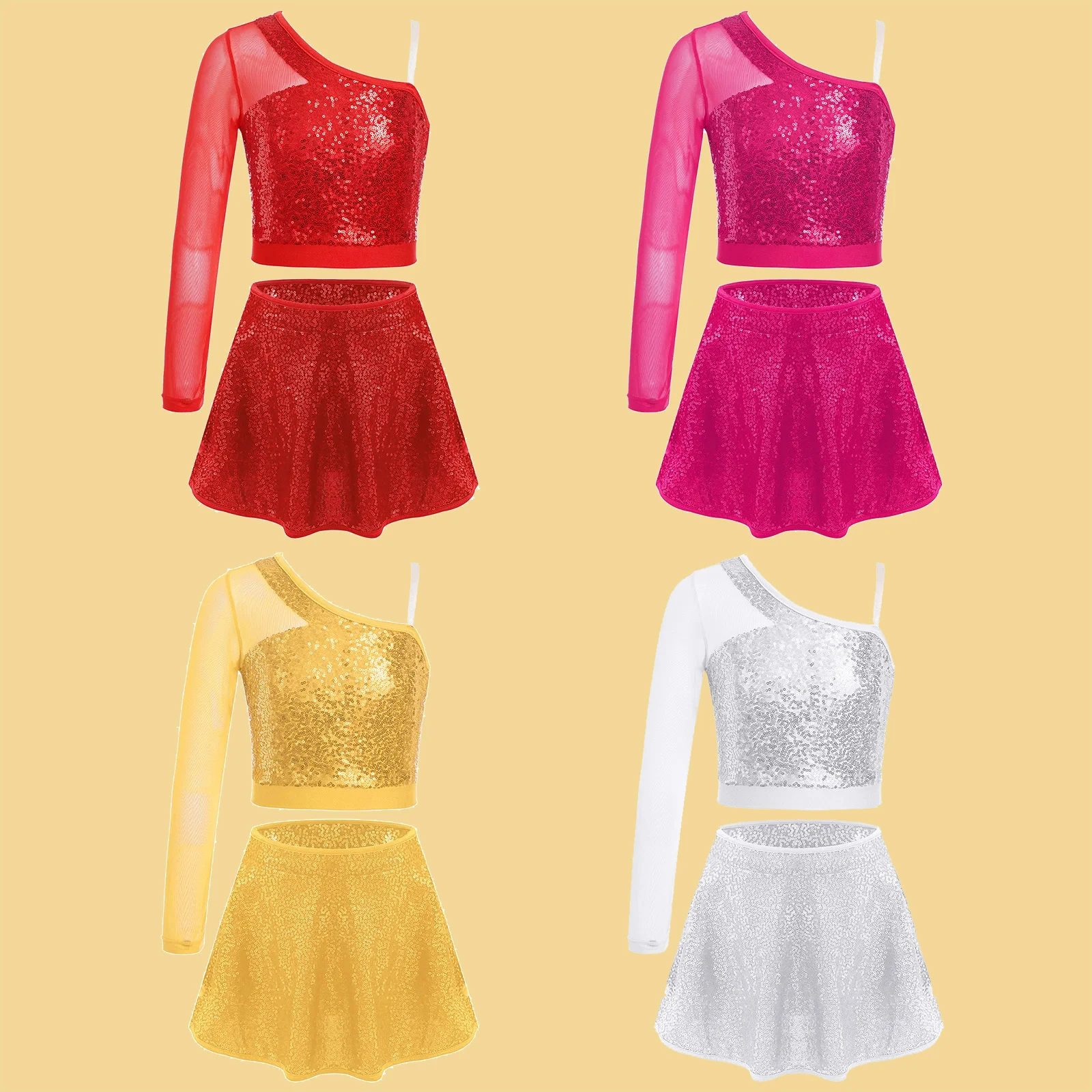 

2Pcs/Set Kids Girls Shiny Sequins Dance Outfits One Shoulder Crop Top with Skirt Suit for Hip Hop Jazz Latin Stage Performance