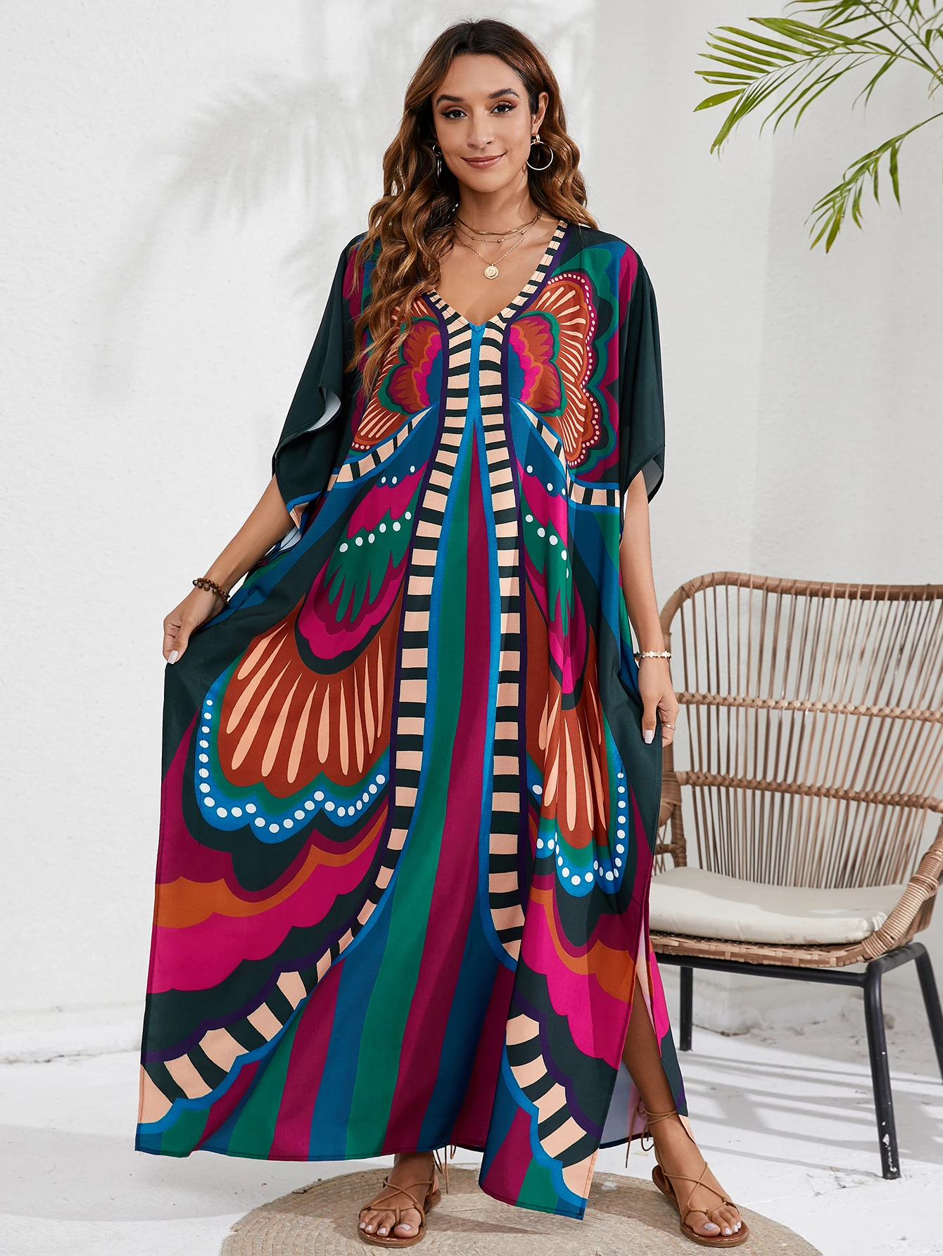 Women s Boho Cover Up  Plus Size Tie Dye Batwing Sleeve V Neck Maxi Kaftan Cover Up Dress