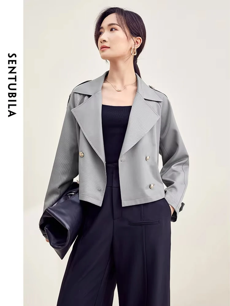 SENTUBILA Grey Cropped Trench Coat Women 2024 Autumn New in Outerwear Long Sleeve Double Breasted Notched Short Jackets Clothing