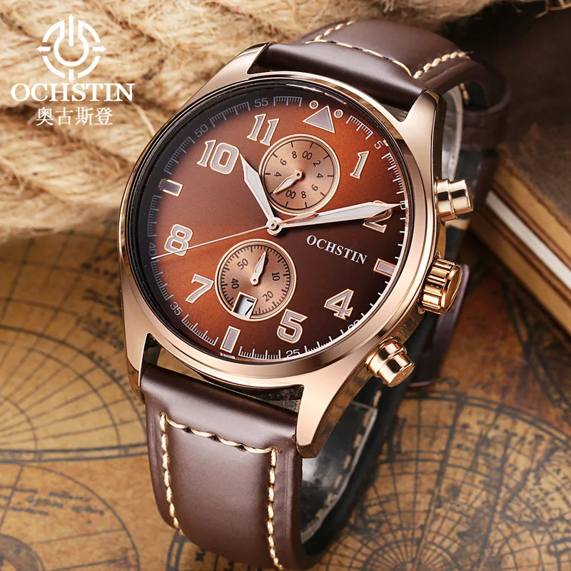 OCHSTIN حزام من الجلد حركة ساعات رجالية كوارتز مقاوم للماء أزياء فاخرة رجل متعدد الوظائف الطيار سلسلة ساعة اليد #3