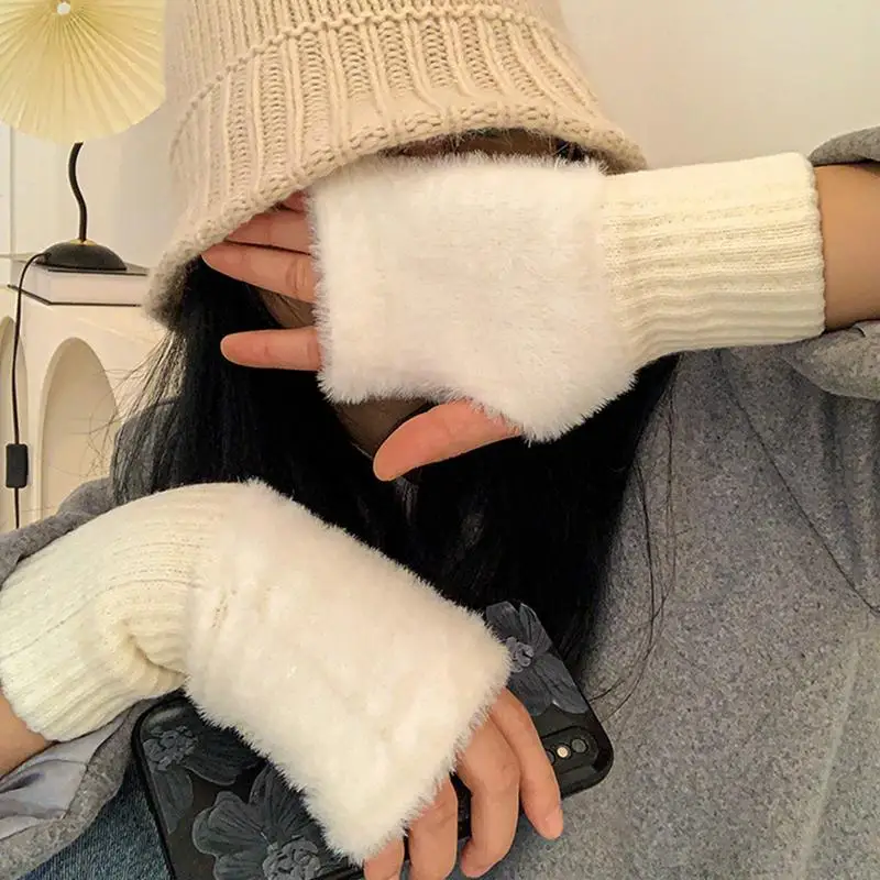 

Mink Fleece Winter Fingerless Gloves Women Warm Luxury Solid White Plush Knitted Half Finger Gloves Writting Soft Wrist Mittens