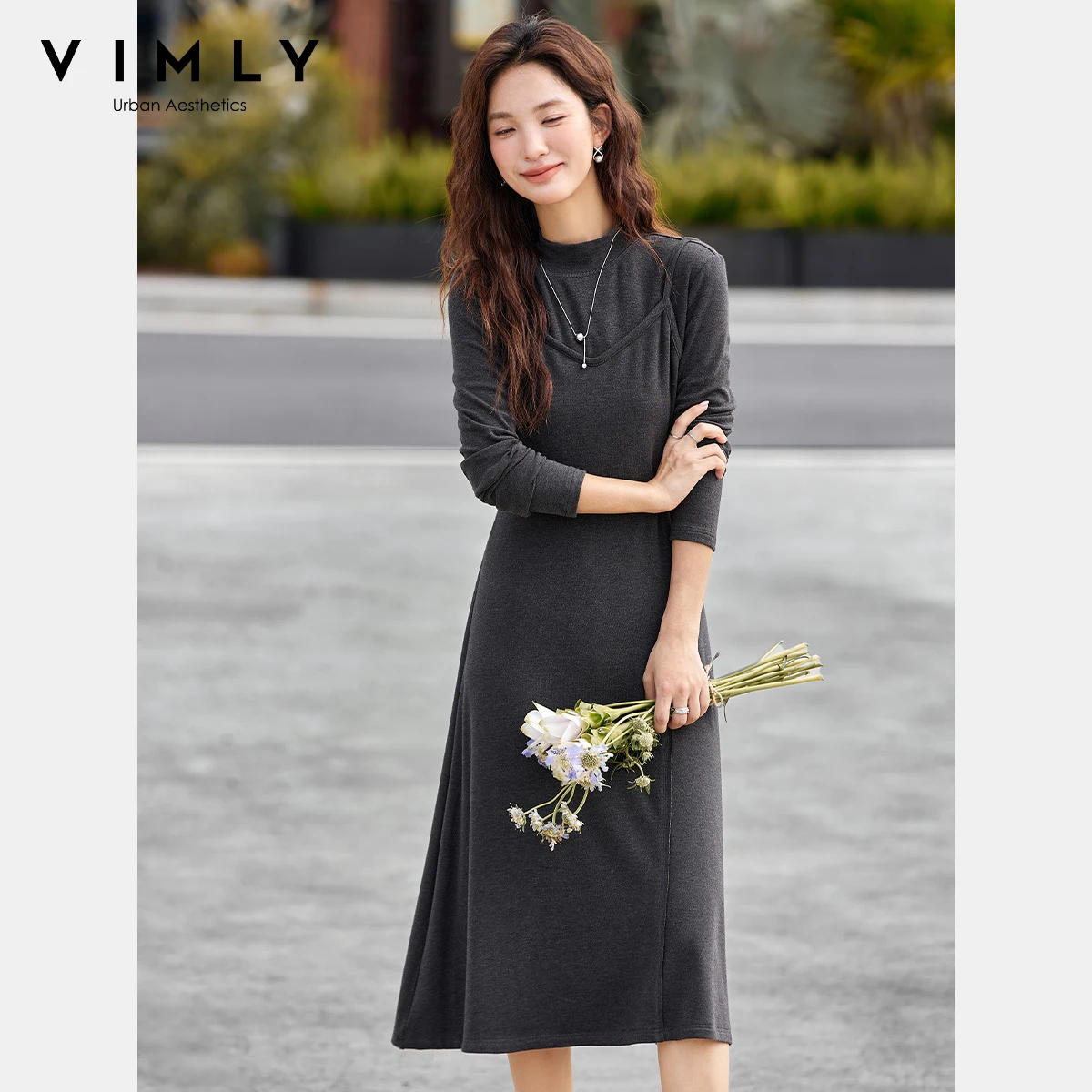 

VIMLY Grey Midi Dress Elegant Woman 2025 French Patchwork 2 in 1 Trumpet Lady Dresses Stand Neck Slim Knit Strecth Dresses A2653