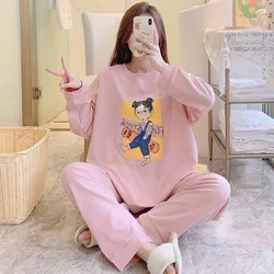 100kg Plus Size Women Cartoon Pajamas Set Spring Cotton Long Sleeve Tshirt Trousers Suit School Homewear Loose Room Outer Wear