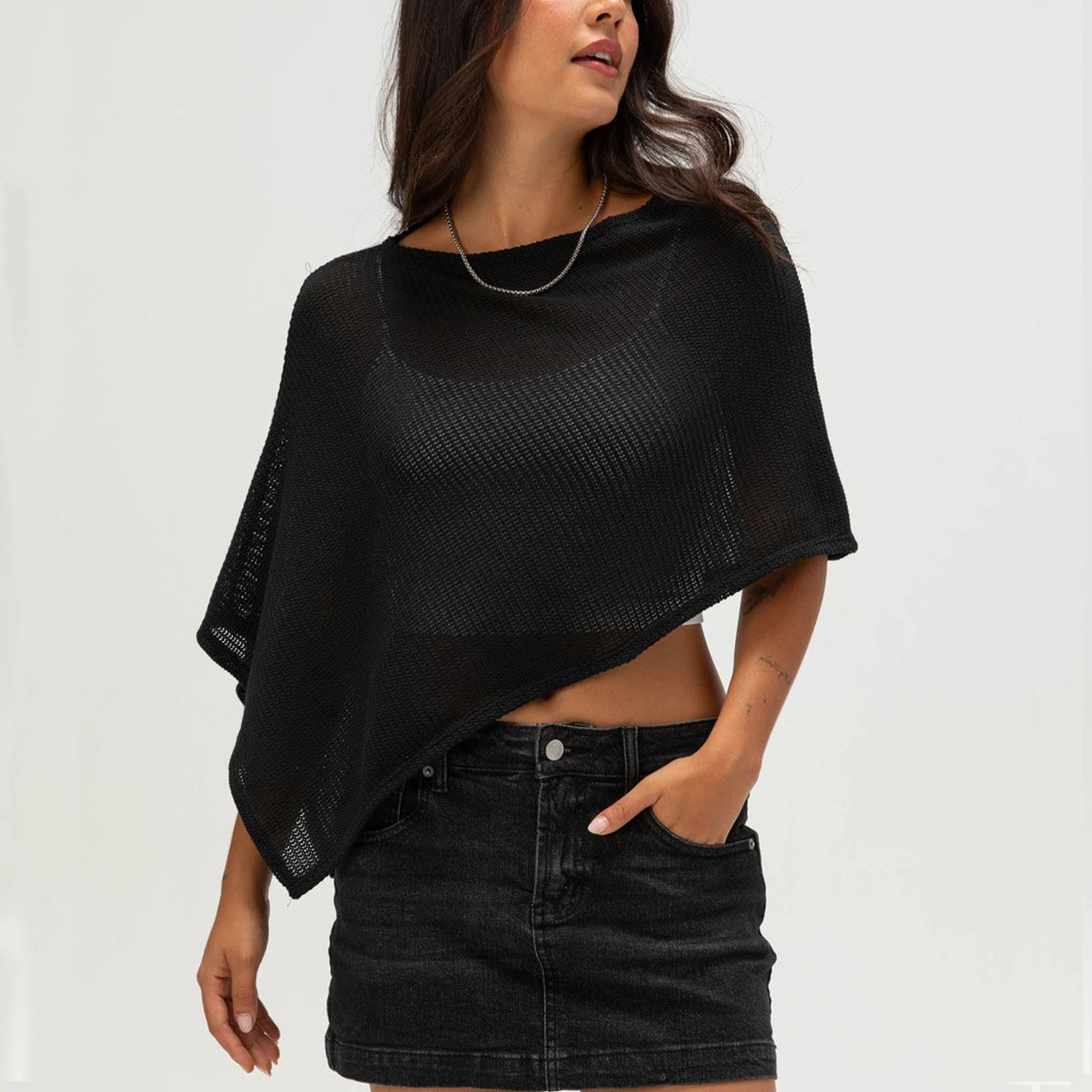 

Женская полупрозрачная вязаная накидка-пончо с рукавами «летучая мышь», укороченная блузка-кейплет для летнего многослойного образа/повседневного шика