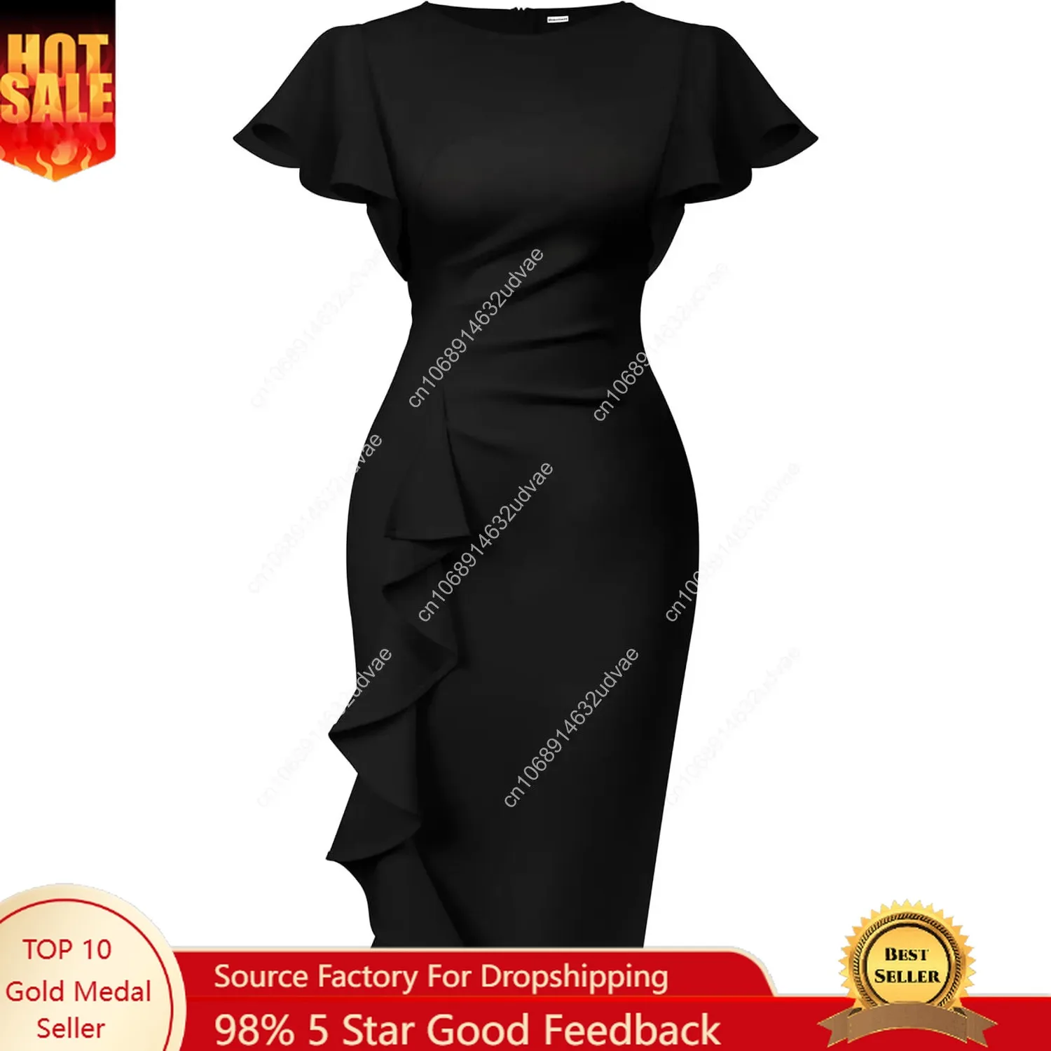 

Memoriesea Women's Vintage Church Ruffle Sleeve Ruched Bodycon Work Midi Pencil Dress