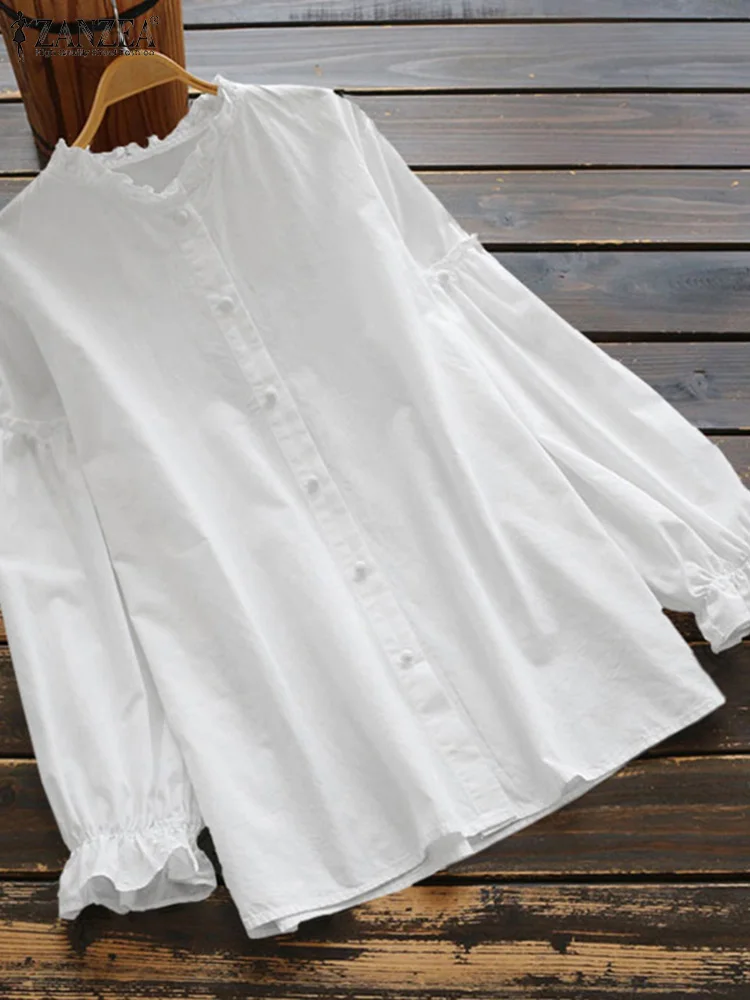 ZANZEA-camisa con volantes para mujer, blusa informal Vintage de manga larga, Tops de algodón, blusa lisa con botones, 2023