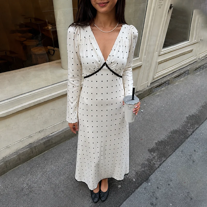 

Typhaland Elegant Stain Polka Dot Maxi DressV neck Contarst Long Sleeve High Waist Dress Vacation Evening Clothes Fashion 2026