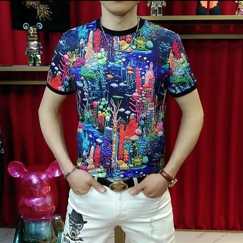 Slim Fit Digital Print T Shirt For Men Short Sleeve European Style Summer Quality Soft Comfortable Stretchy Streetwear Camisetas