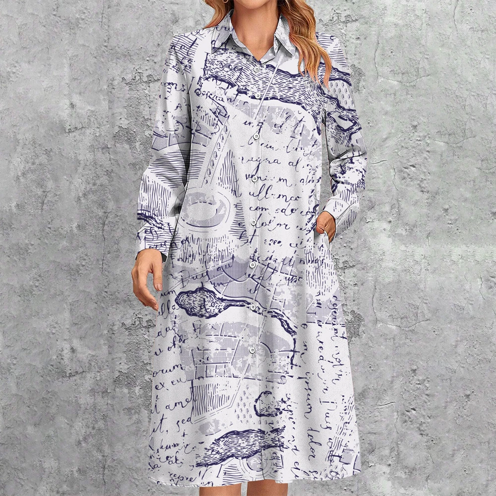 Personalized Design Newspaper Print Shirt Dress 2024 Women\'s Lapel Button Down Dress Casual Loose Streetwear Mid-Length Dresses