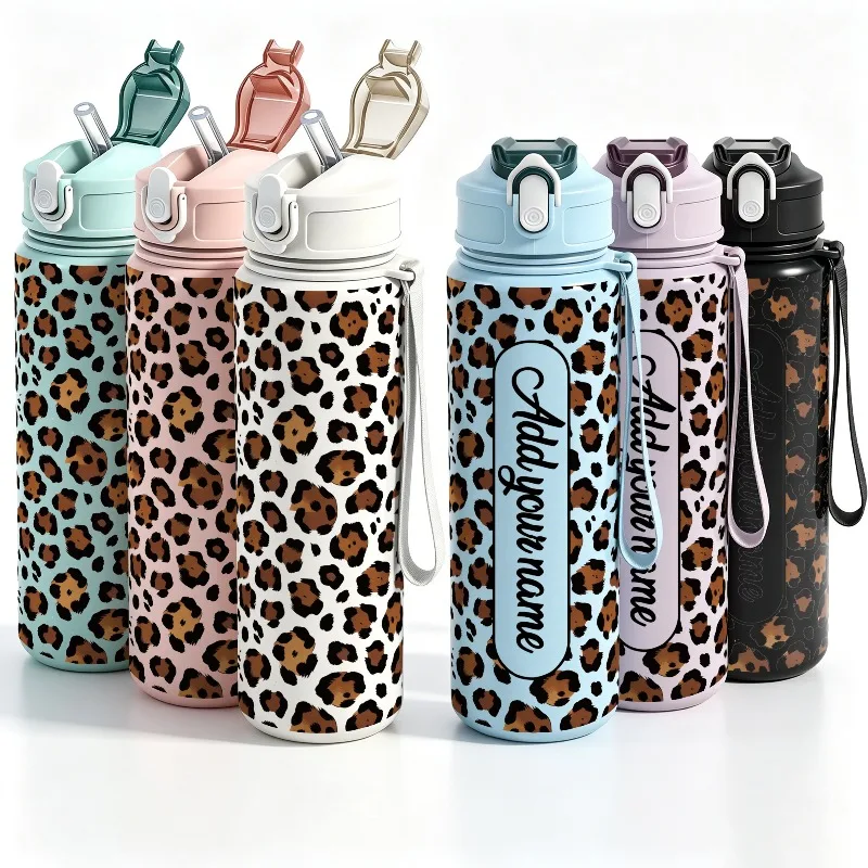 25Oz/750ML Leopard Print Custom Name Leakproof Sports Water Bottle for Outdoor Fitness Cycling Hiking Unique Customized Gift