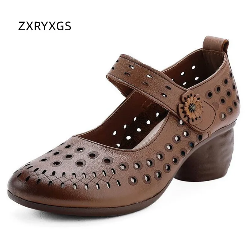 ZXRYXGS Elegant Retro Hollow Hole Shoes Women Sandal Shoes 2024 New Summer High Heels Soft Sole Comfort Genuine Leather Sandals