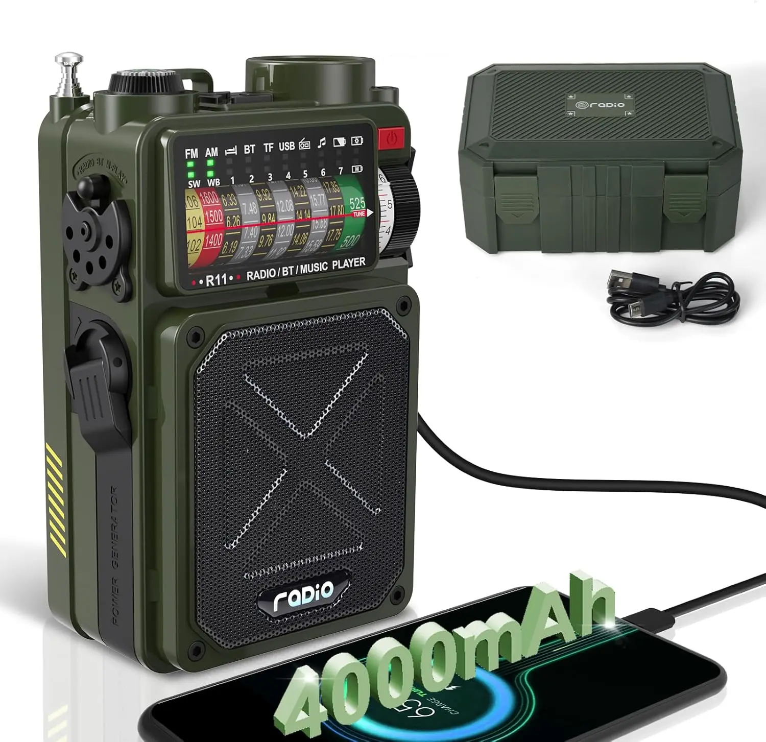 

Emergency Hand-crank weather FM Radio with Bluetooth Flashlight SOS Alarm Powered by USB Charged Playback TF Card for Camping