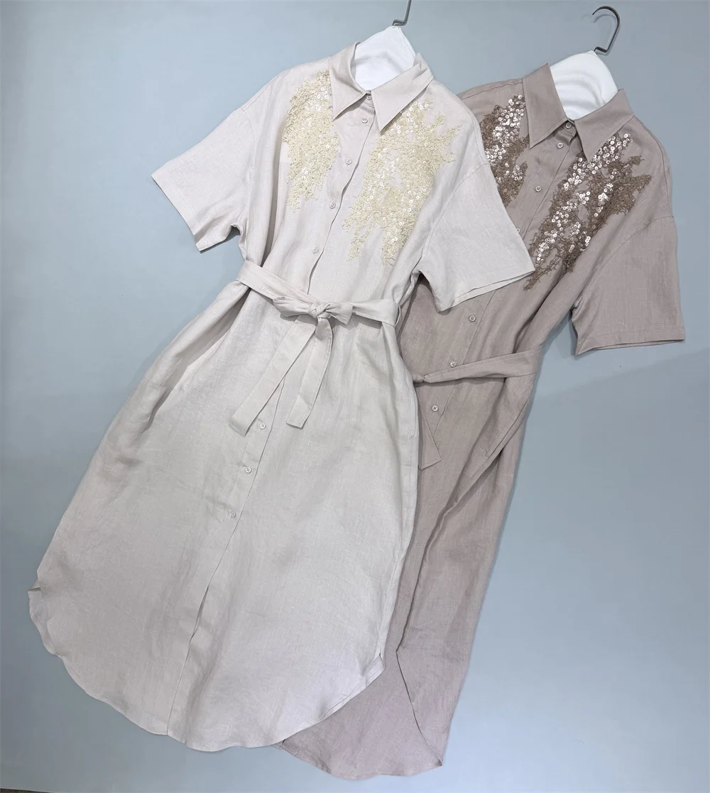 

Women's Heavy-Embellished Sequin 100 Linen Shirt Dress Lapel Casual Midi Dresses