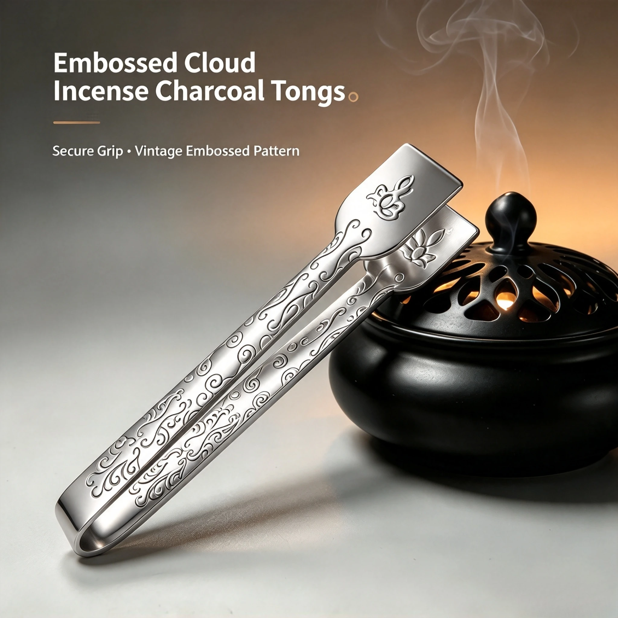 Retro Auspicious Cloud Metal Charcoal Tongs, 9.3cm High‑Temp Incense Charcoal Clip