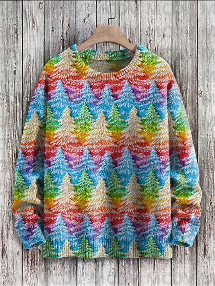 Rainbow Christmas Trees Print Knit Pullover Sweater Men's For Women's Pullover