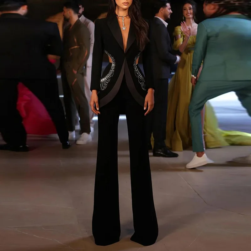 ALTA QUALITÀ Il più nuovo 2024 Designer Suit Donna Perline Diamanti Scava Fuori Bottone Singolo Giacca Pantaloni Set 2 PZ
