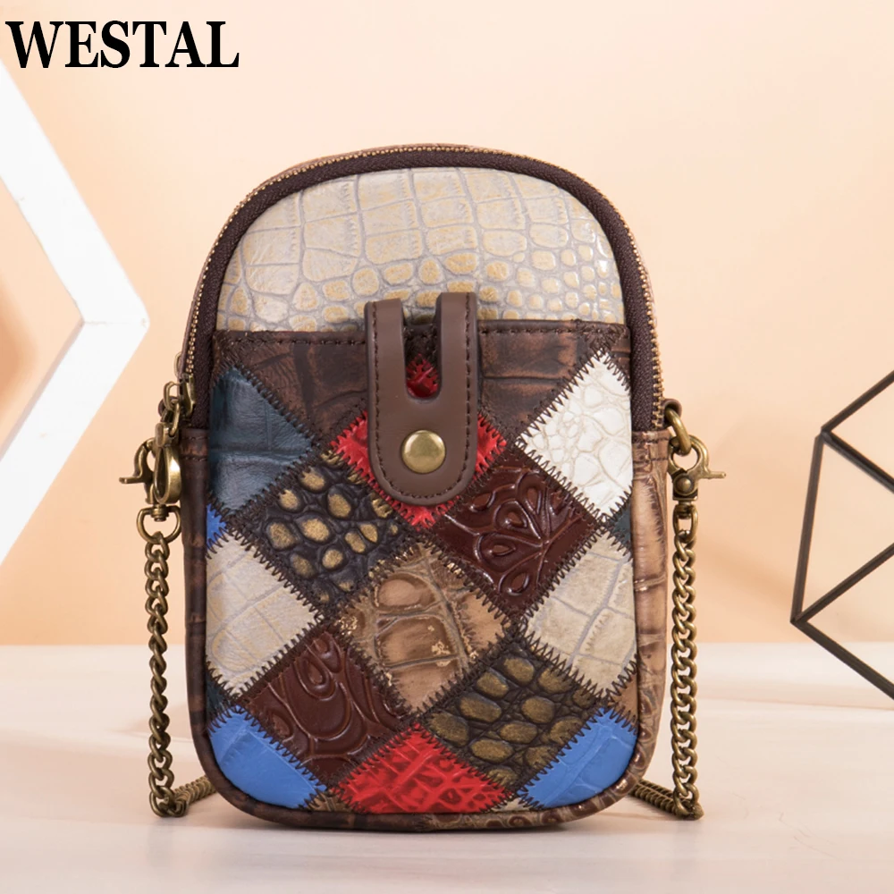 WESTAL Patchwork Design Mini Bag for Women Colorful Women's Shoulder Bag for Phone Small USB Charging Crossbody Bag Leather