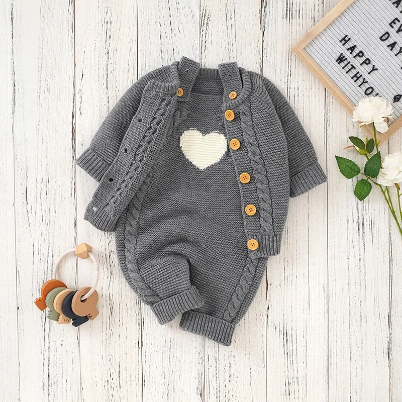 

Newborn Baby Clothes Set Knitted Infant Boy Long Sleeve Coat +Sleeveless Jumpsuit Fashion Solid Toddler Girl Kid Top +Romper 2PC