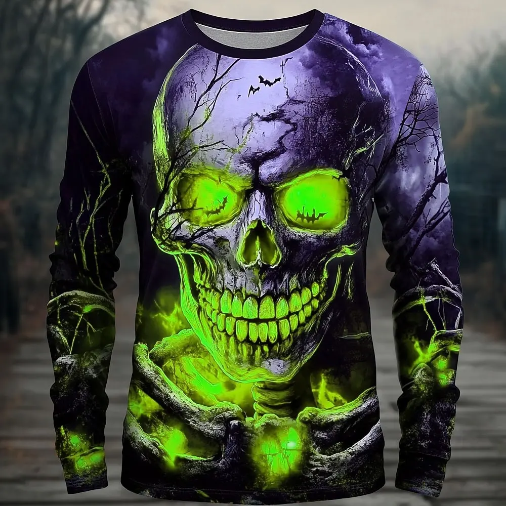 3D Terror Skull Print Men's Long Sleeve T-shirt Halloween Dress Up Street Hip Hop y2k Clothes Fashion Fall Long Sleeve Tops Tees