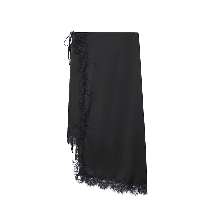Sexy Women Lace Trim Black Satin Skirt Lacing Up Mid-rise Slit Hem Asymmetric Midi Skirt faldas mujer