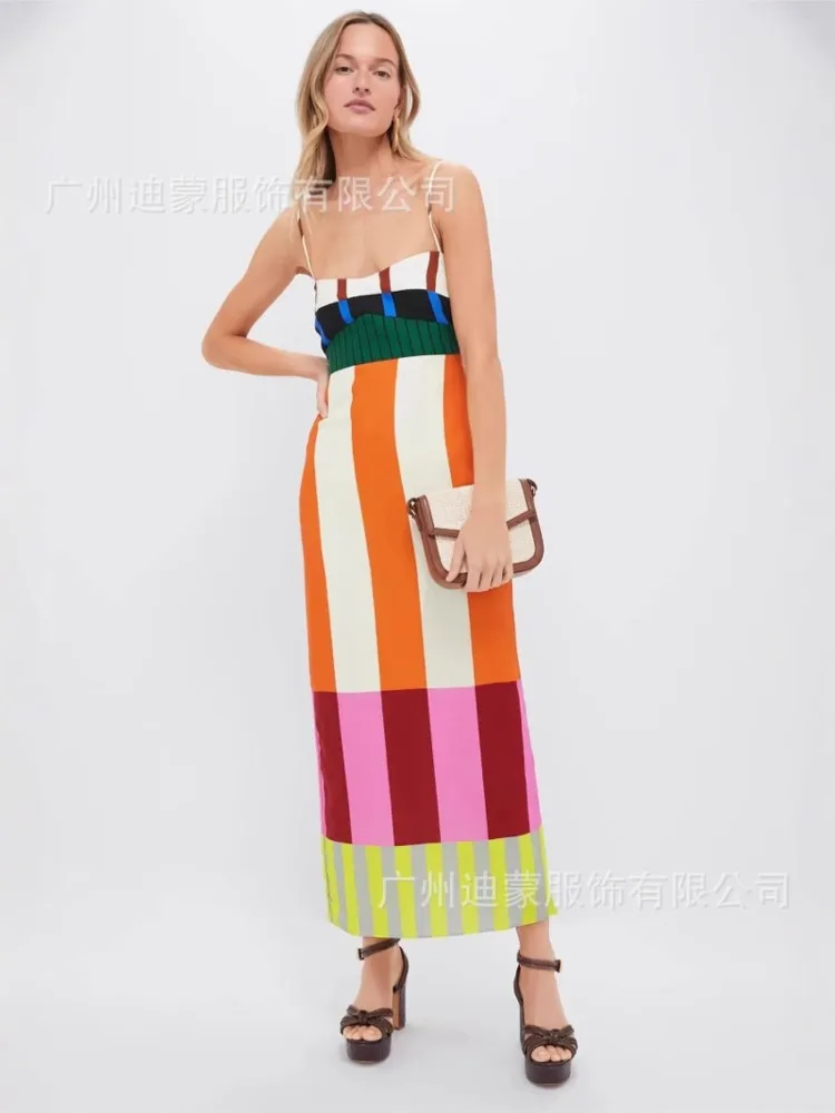 

New Elegant High Waist Party Long Dress 2026 Fashion Casual Striped Colorful Women Sexy Spaghetti Strap Bohemian Mixi Dresses