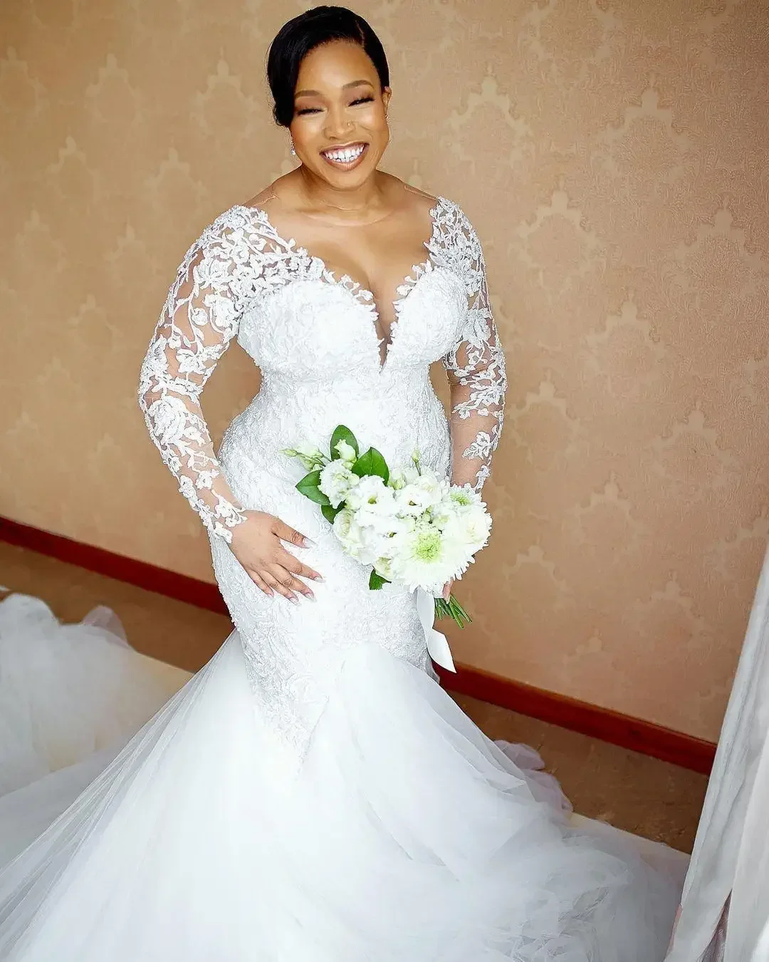 カスタマイズされたアラビア風ヴィンテージレースアップリケマーメイドウェディングドレススイープイリュージョンロングスリーブアフリカンプラスサイズブライダルガウン