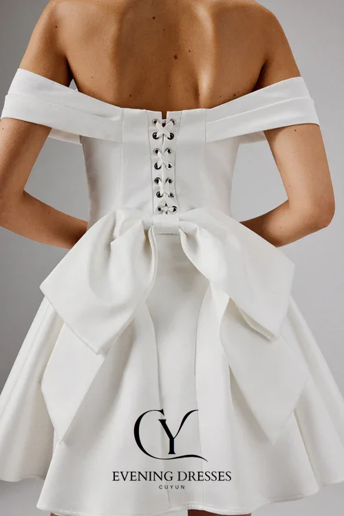 CUYUN قبالة الكتف الساتان فساتين حفلات الزفاف الصغيرة فساتين حفلة موسيقية صغيرة مخصصة مشد قصير ثوب المرأة لحدث الزفاف #3