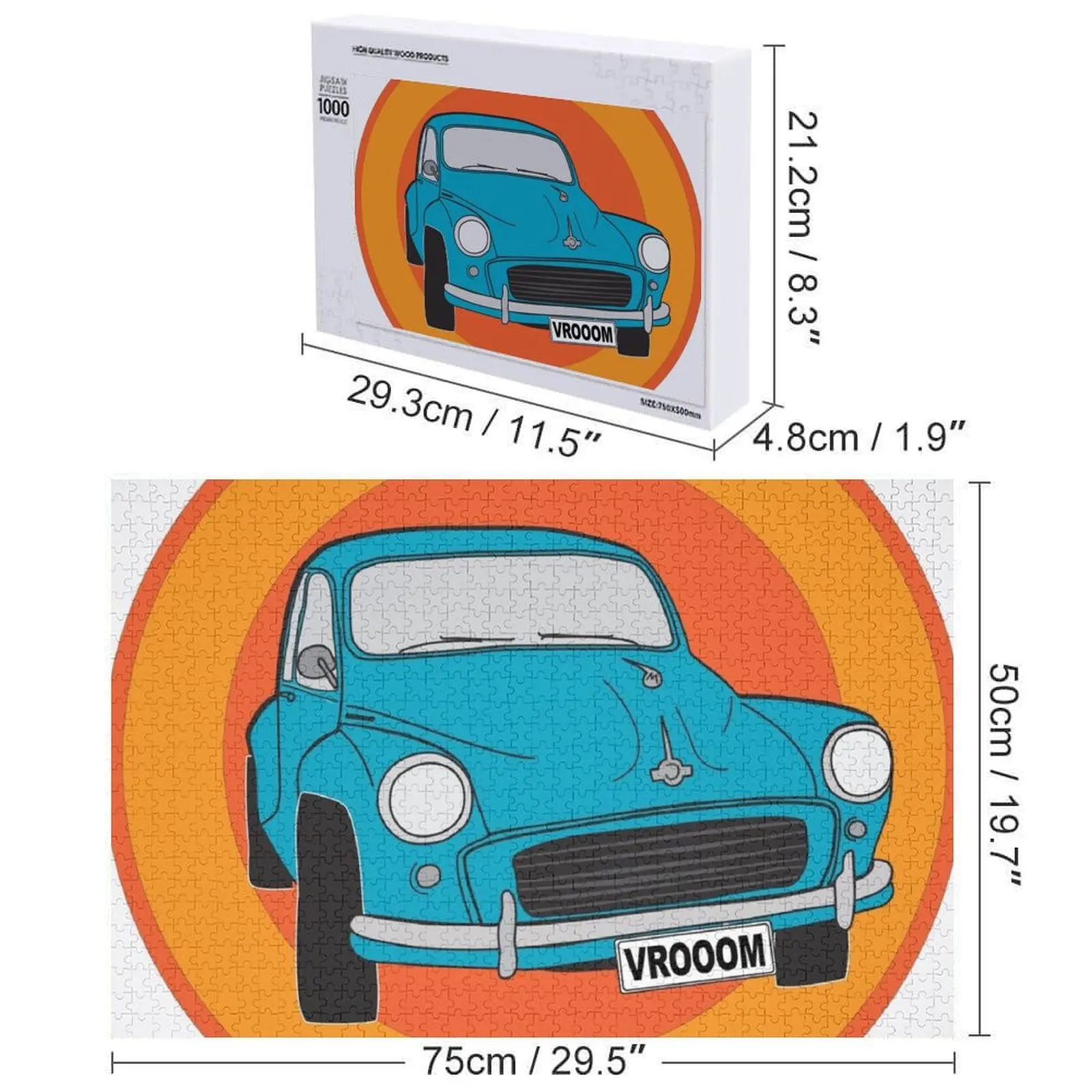 أحجية الصور المقطوعة للسيارة الكلاسيكية باللون الأزرق القزحية من موريس مينيور، مخصصة للأطفال، لعبة ألغاز خشبية