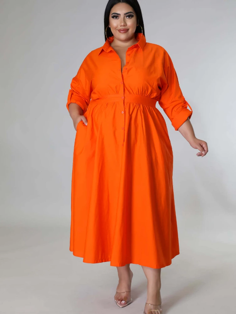 

Women Plus Size 5XL Loose Dress Turn Down Collar Long Sleeve Fashion Casual Shirt Dress Eveing Street Out Wear Clothing 2024 New