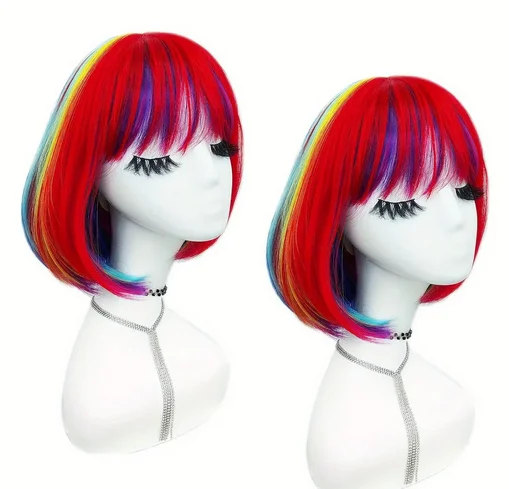 Multicolor Rainbow Bob Wigs With Bangs Baby Wig Short Costume for kids Halloween Party Cosplay Wig Colorful Synthetic Hair Wigs