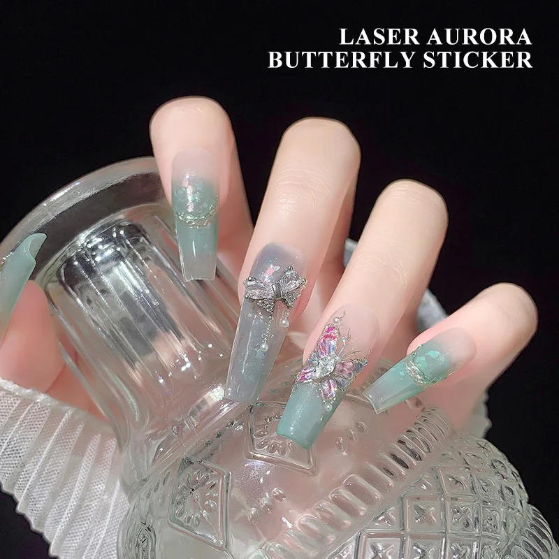 KANIU 1 Blatt Rosa-Lila Aurora Schmetterling Nagelaufkleber Glänzende Laser 3D Muschel-Effekt Schmetterling Präge-Nagelkunst-Dekorationen