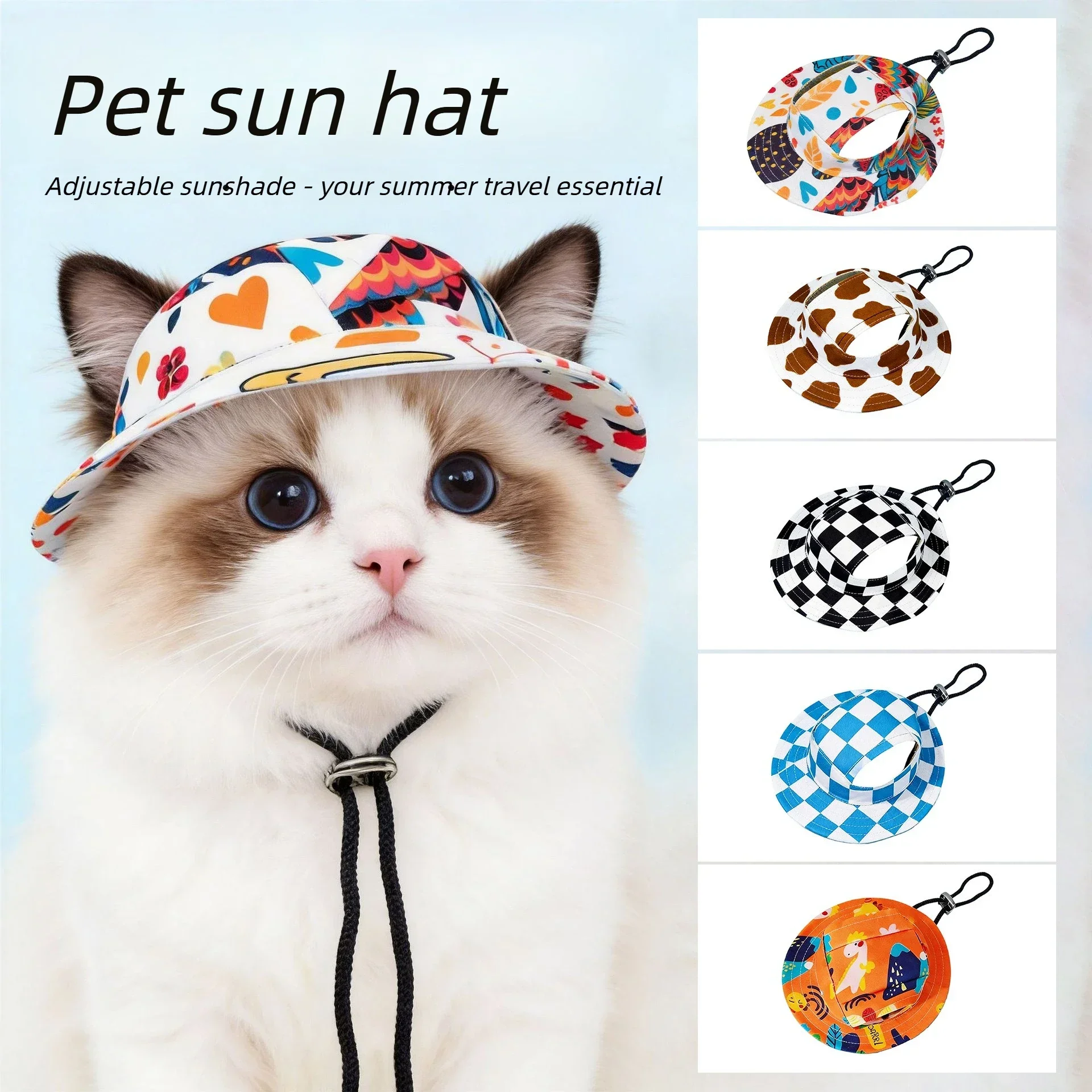 Verstellbarer Haustierhut, niedliche bedruckte Mütze für Welpen, Katzen und kleine Hunderassen, Sonnenschutzhut für Spaziergänge, Reisen und Aktivitäten im Freien – Detail 1