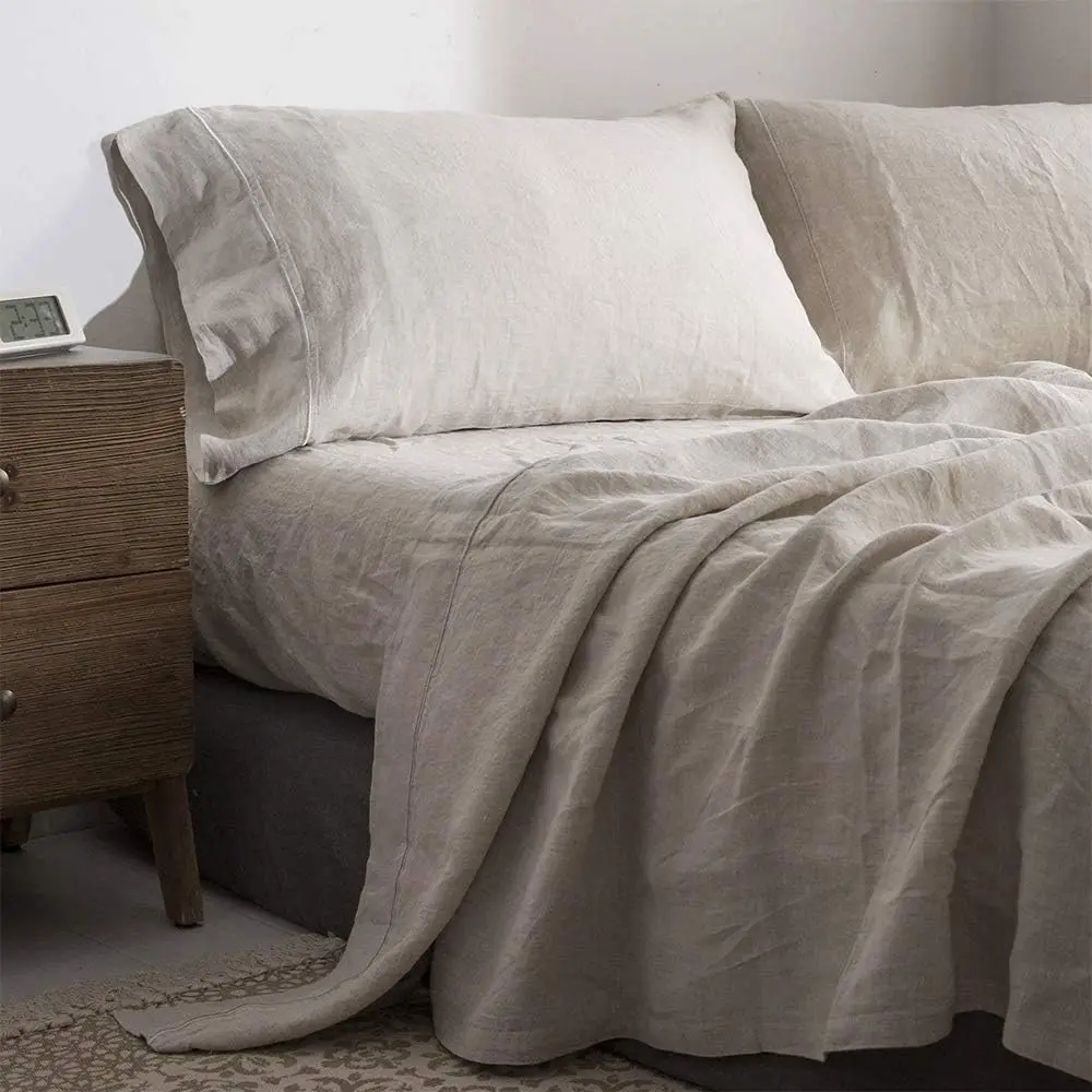 Pure Linen King Sheet Set 4 Pieces, Natural French Flax Washed Breathable