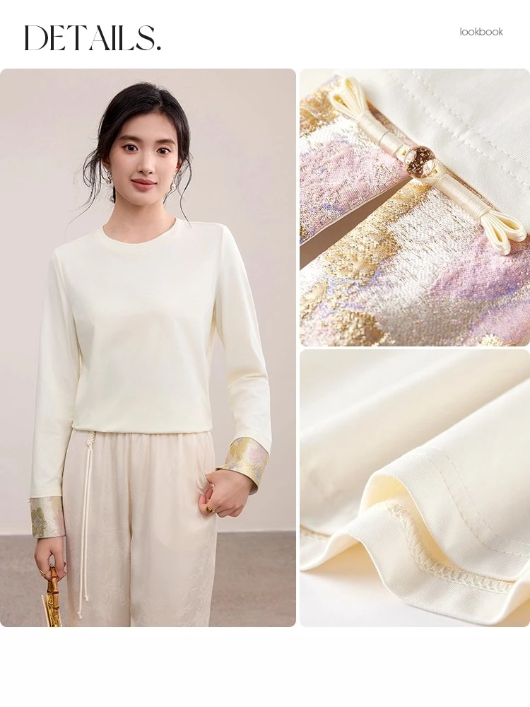 SENTUBILA Damska koszulka z długim rękawem w stylu chińskim, nowość na jesień 2025, okrągły dekolt, łączona żakardowa morelowa bluzka damska 153TM3149