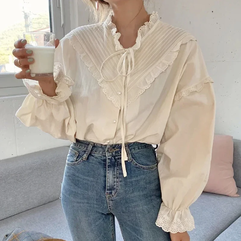 2024 Long Sleeve Vintage Women Lace Shirts Hollow Out Casual Elegant Tops Women Solid Lace Up Bow Loose Blouses New Blusas 9580