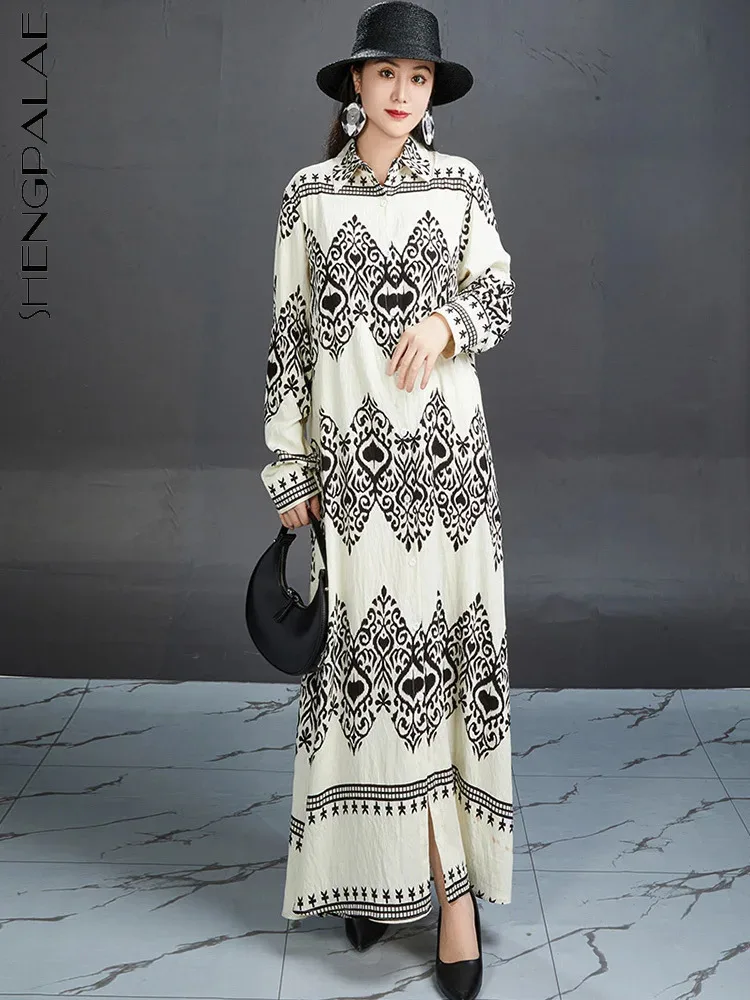 

SHENGPALAE Fashion Versatile Printed Collar Long Sleeve Dress 2024 Summer New Straight Tube Trendy Casual Female Dresses 5C1409