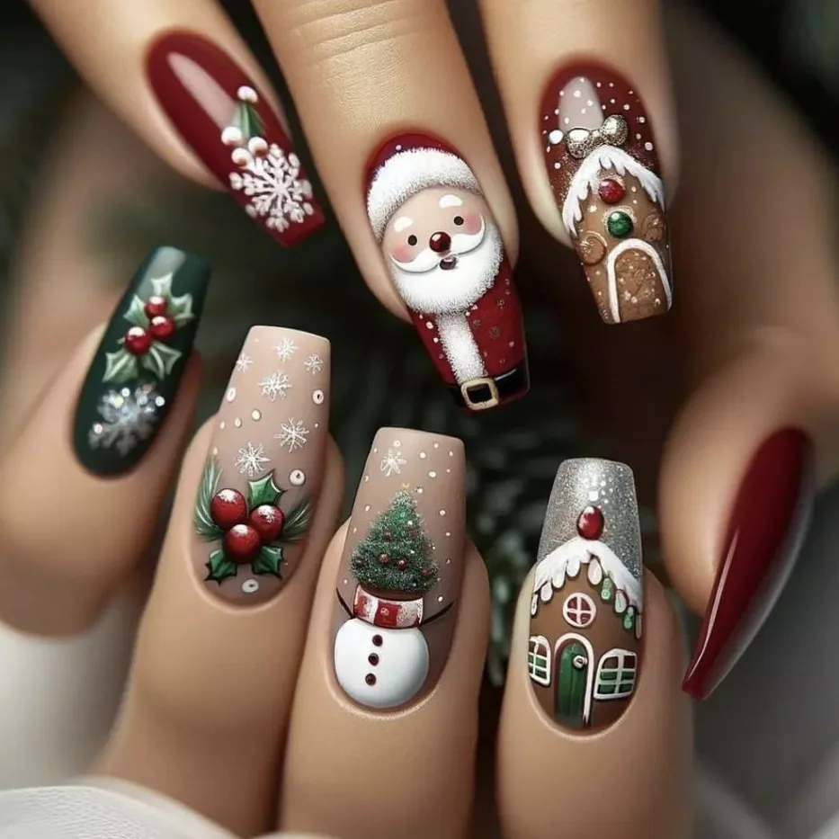 24 pièces cadeau de noël presse sur ongles hiver père noël pingouin motif faux ongles portable européen Long cercueil faux ongles conseils
