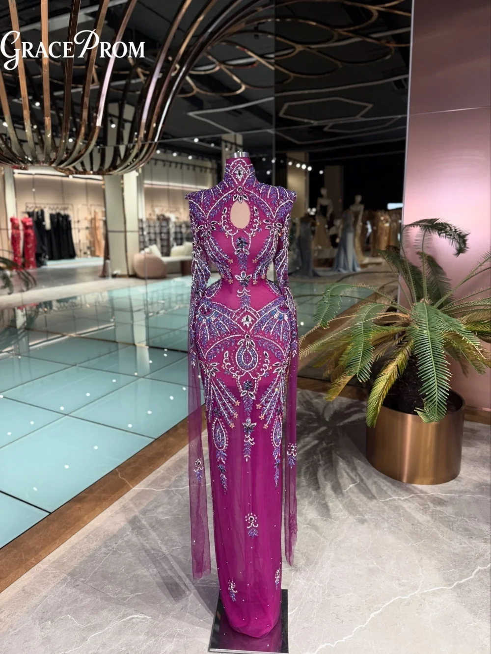 

Dramatic Fuchsia Pink Crystal Beaded Evening Gown Vibrant High Neck Cutout Formal Party Dress For Wedding Guests فساتين سهرة