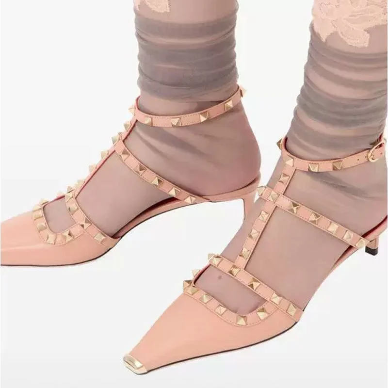 Fashion Women's Sandals 2026 Square Toe Low Heels Shallow Rivet Metal Decorative Femme Novelty Sandals High Quality Lady Shoes