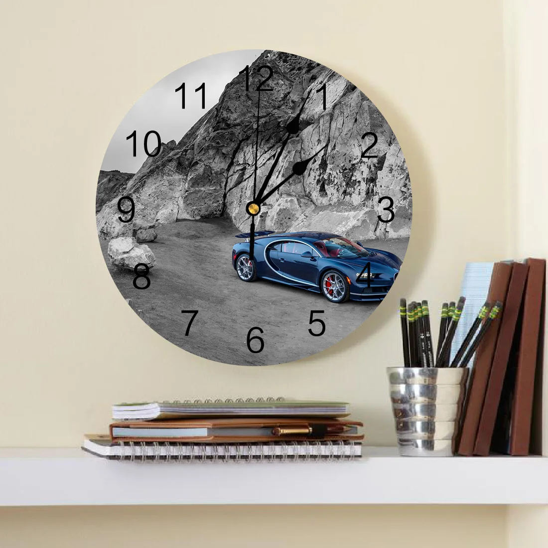 Retro Blue Racing Car Landscape Round Wall Clock Hanging Silent Time Clock Home Interior Bedroom Living Room Office Decor