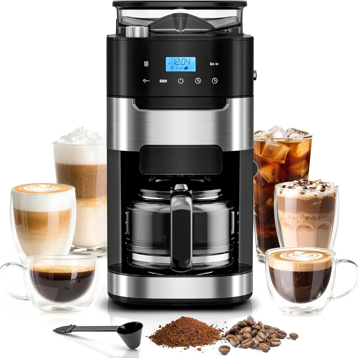 10 Cup Drip Coffee Maker with Grinder Built In, Descaling Alert | Adjustable Grind & Brew Strength, 24H Timer, 2H Keep Warm, Reu