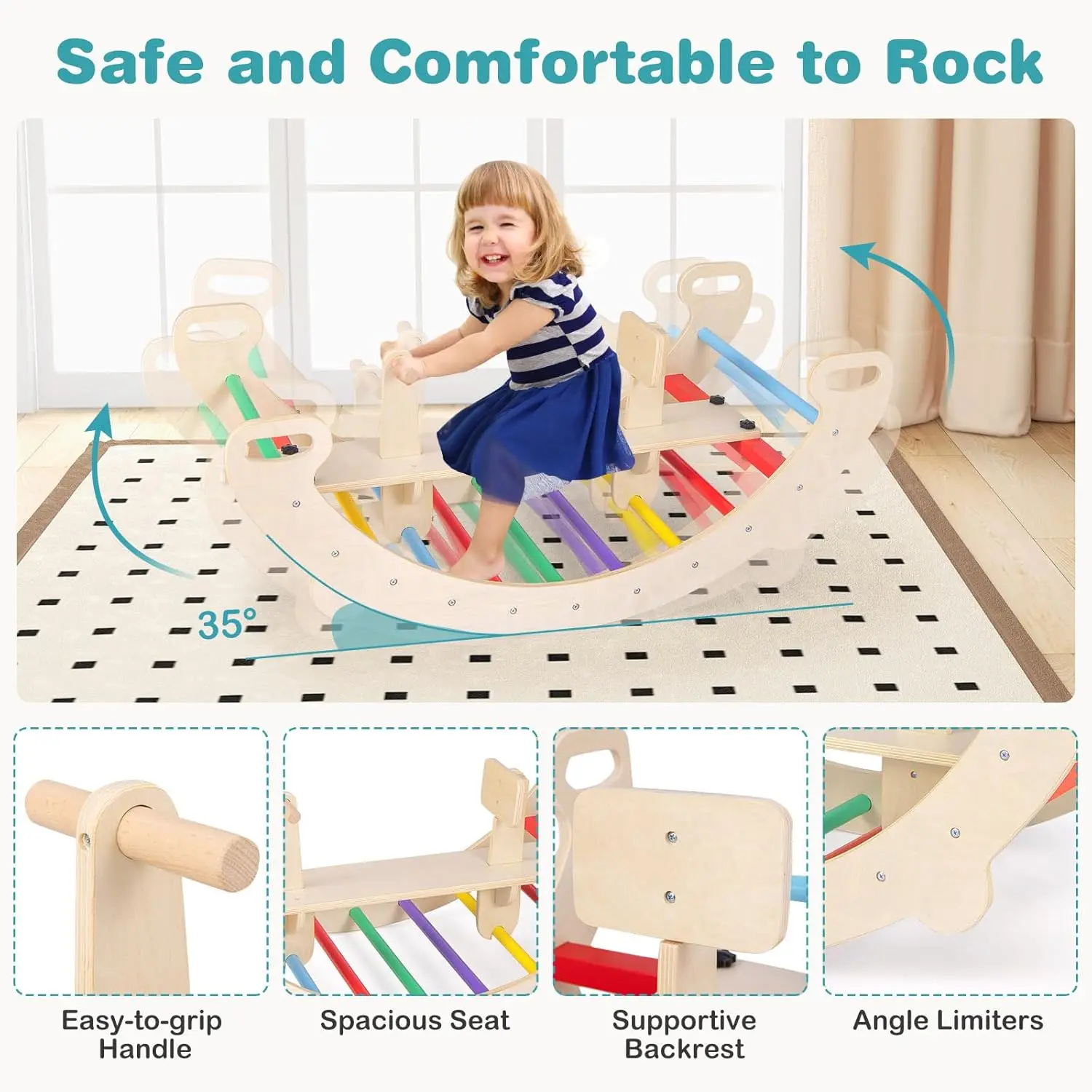 Wooden Arch Rocker, 4-in-1 Montessori Rocking Toys for Toddlers with Easy-Grip Handles, Children Indoor Gym Learning Rocker Play