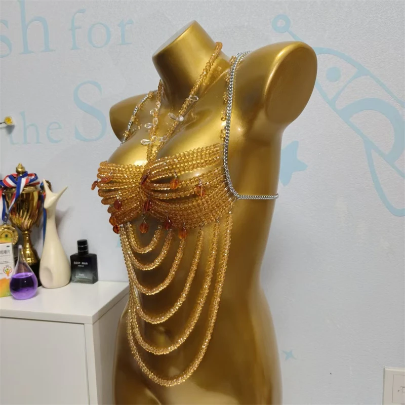 Damen T-Shirts und Polos, handgefertigte Kristallperlen-Körperkette, BH-Crop-Tops, sexy Strass-Oberteil, Damen-Halter-Top, Nachtclub-Oberteil – Detail 7